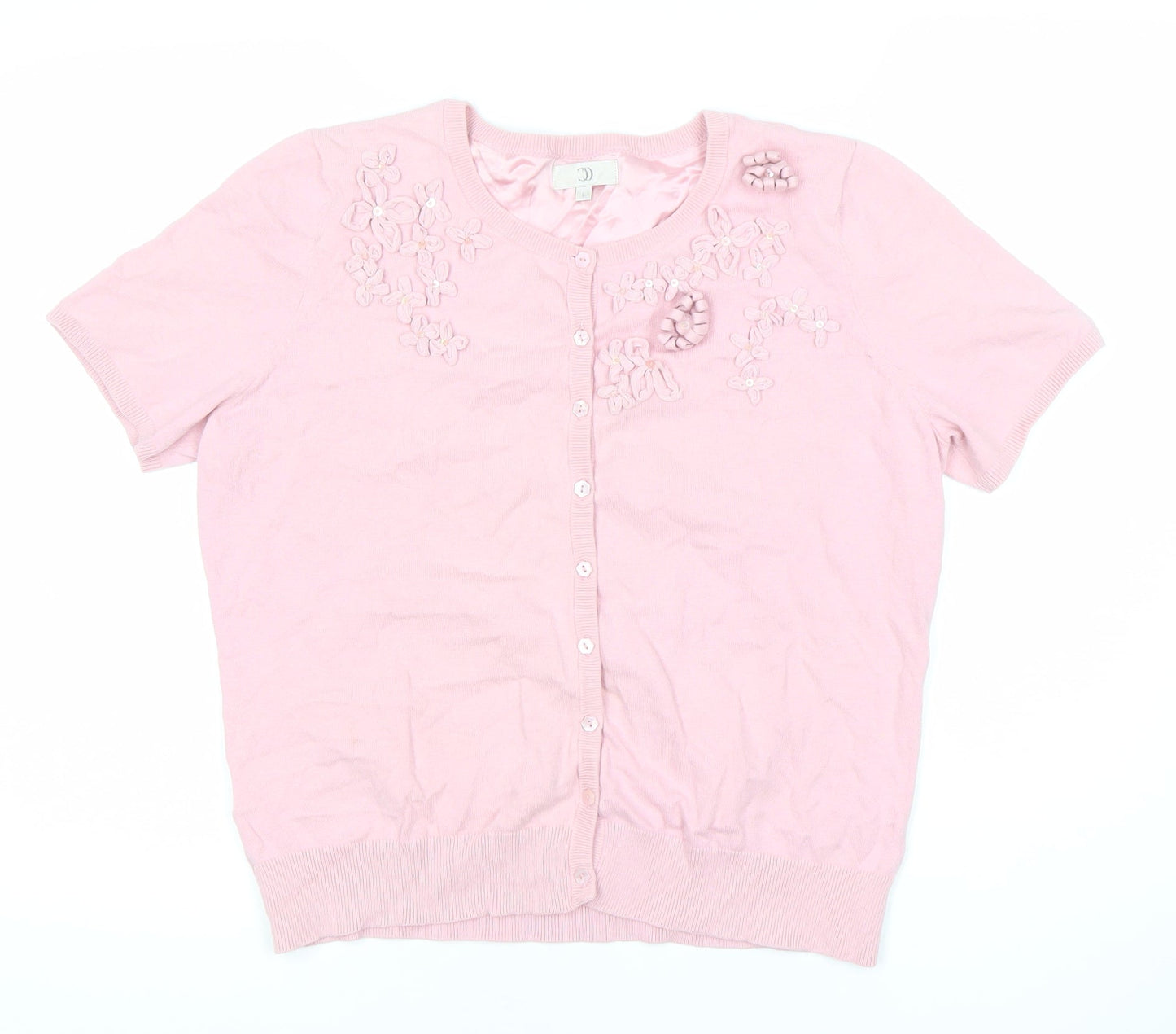 CC Women’s Pink Floral Cardigan L Short Sleeve Knit Crew Neck