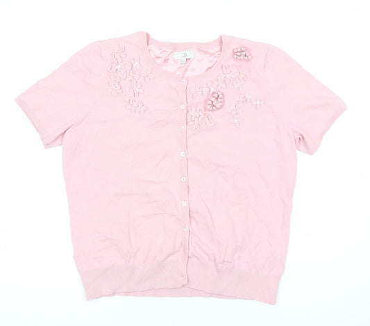 CC Women’s Pink Floral Cardigan L Short Sleeve Knit Crew Neck