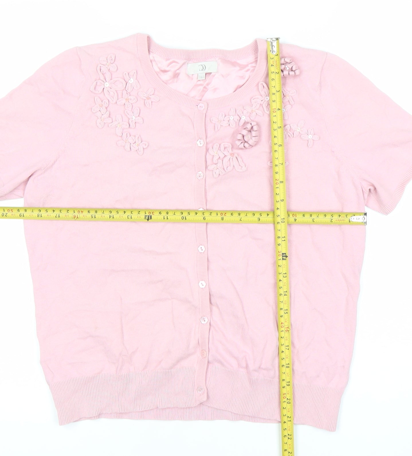 CC Women’s Pink Floral Cardigan L Short Sleeve Knit Crew Neck