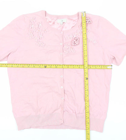 CC Women’s Pink Floral Cardigan L Short Sleeve Knit Crew Neck