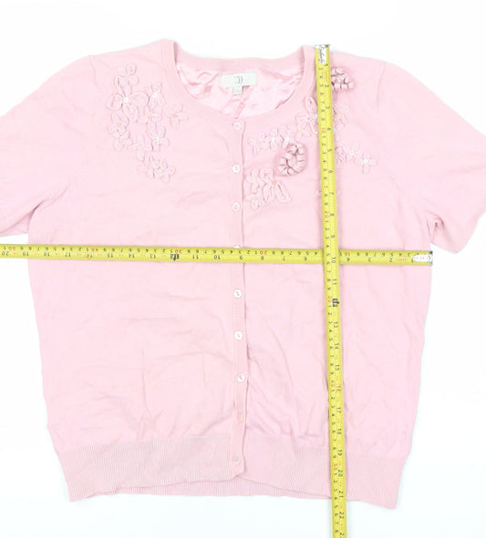 CC Women’s Pink Floral Cardigan L Short Sleeve Knit Crew Neck
