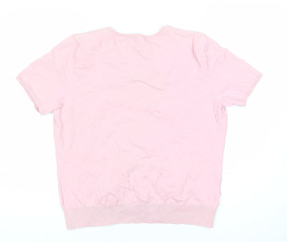 CC Women’s Pink Floral Cardigan L Short Sleeve Knit Crew Neck