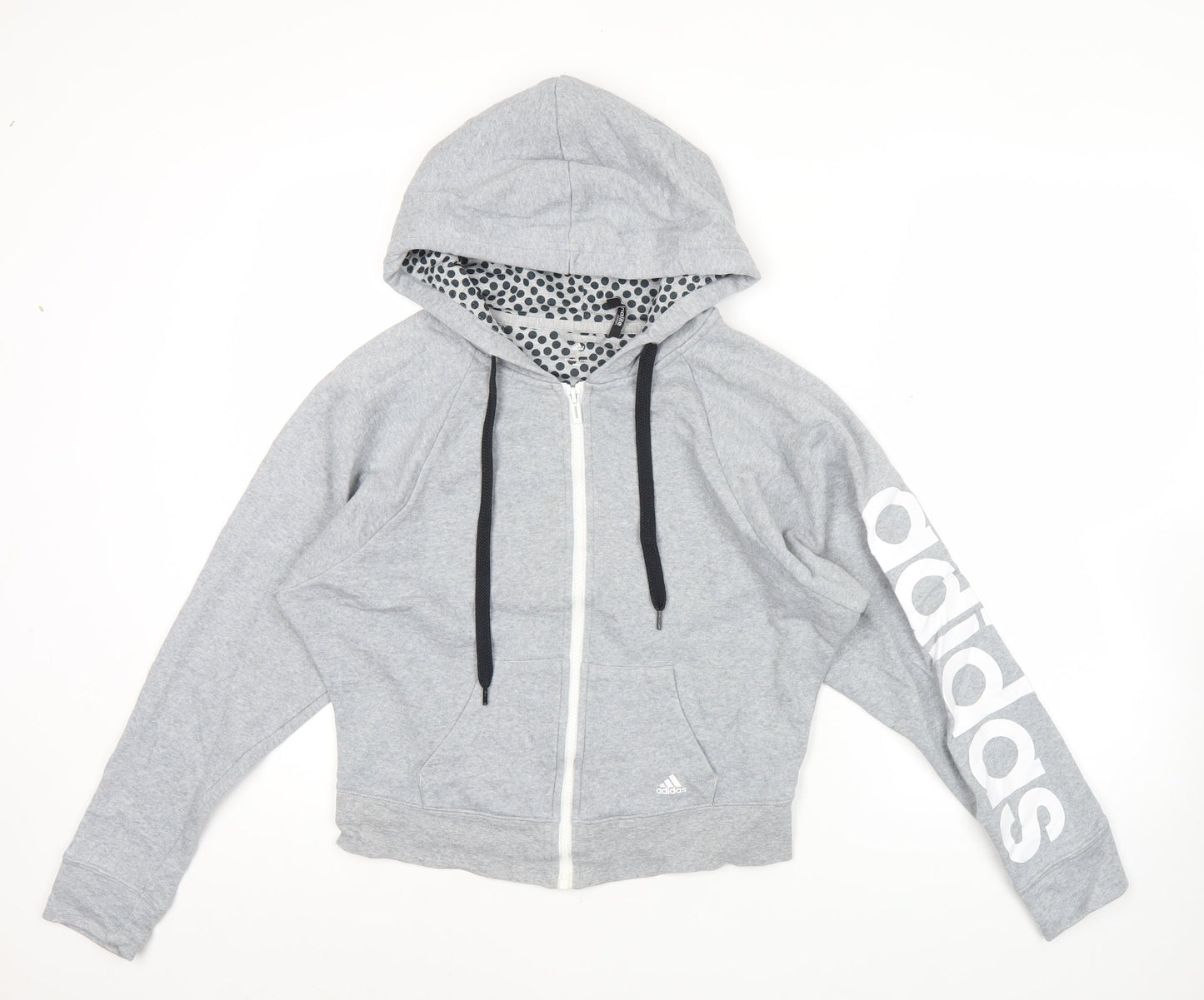 Adidas Womens Grey Full Zip Hoodie Size 6 UK Logo Print Cotton Blend