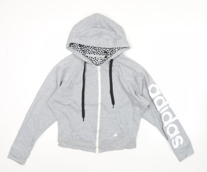 Adidas Womens Grey Full Zip Hoodie Size 6 UK Logo Print Cotton Blend