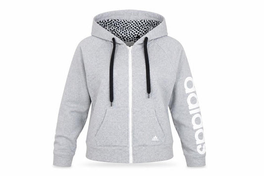 Front view of Adidas women’s grey full zip hoodie, size UK 6, uk logo print cotton blend