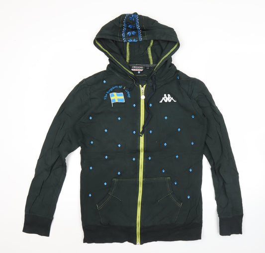 Kappa Womens Black Hoodie Size 10 Embroidered Full Zip Sweatshirt