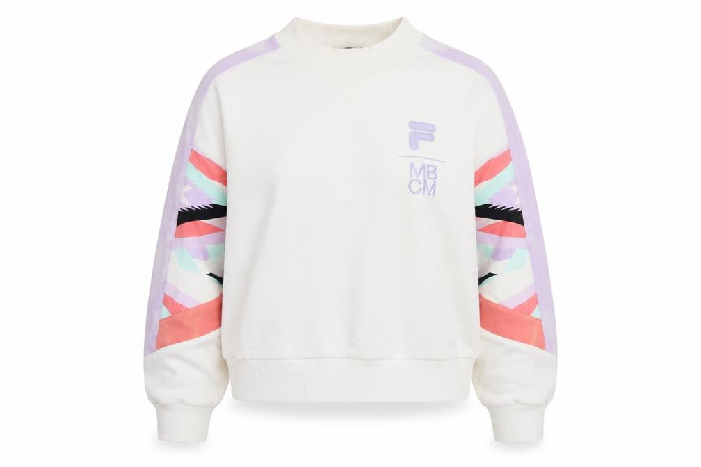 Front view of Fila women’s white sweatshirt, size UK 8, logo pullover crew neck
