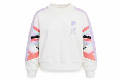 Front view of Fila women’s white sweatshirt, size UK 8, logo pullover crew neck