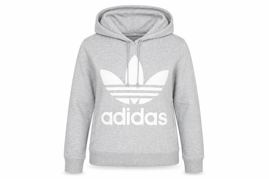 Front view of Adidas women’s grey trefoil hoodie pullover, size UK 8, uk logo sportswear