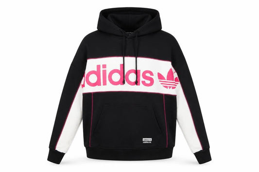 Front view of Adidas women’s black & white hoodie, size UK 8, pullover cotton
