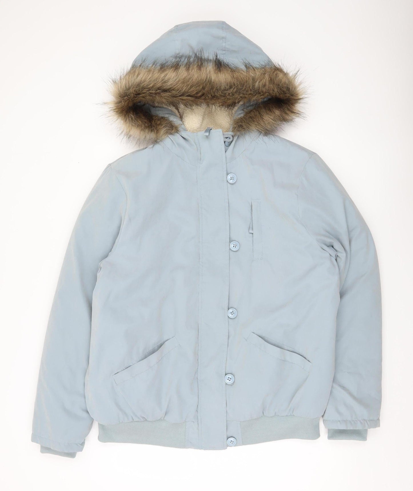 Tu Womens Blue Faux Fur Hooded Puffer Jacket Size 16 Winter Coat