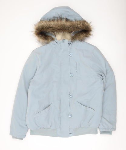 Tu Womens Blue Faux Fur Hooded Puffer Jacket Size 16 Winter Coat