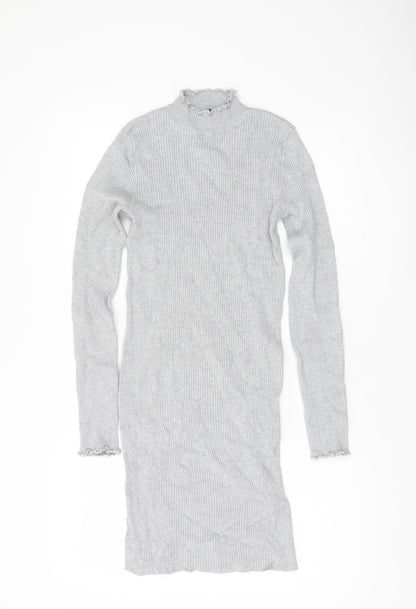Bershka Women’s Grey Bodycon Knit Dress Size M High Neck Long Sleeve