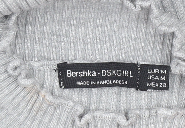 Bershka Women’s Grey Bodycon Knit Dress Size M High Neck Long Sleeve