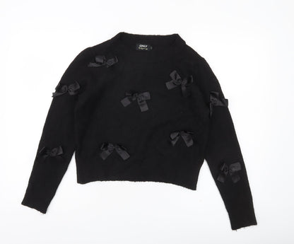 ONLY Womens Black XS Bow Accent Crew Neck Knit Jumper