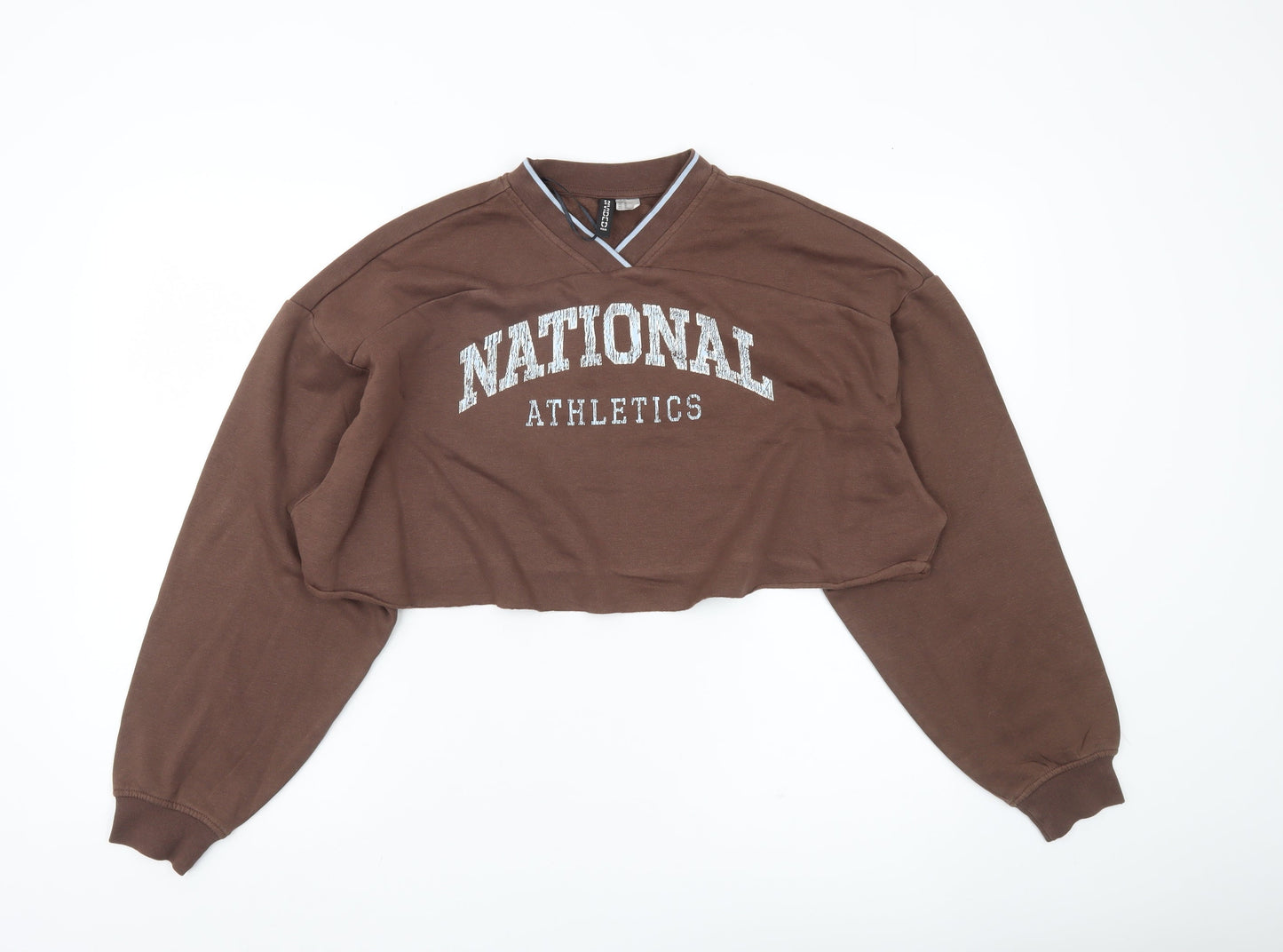 H&M Divided Women’s Brown Cropped Sweatshirt Size 12 V-Neck Logo Print