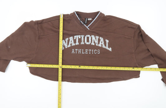 H&M Divided Women’s Brown Cropped Sweatshirt Size 12 V-Neck Logo Print