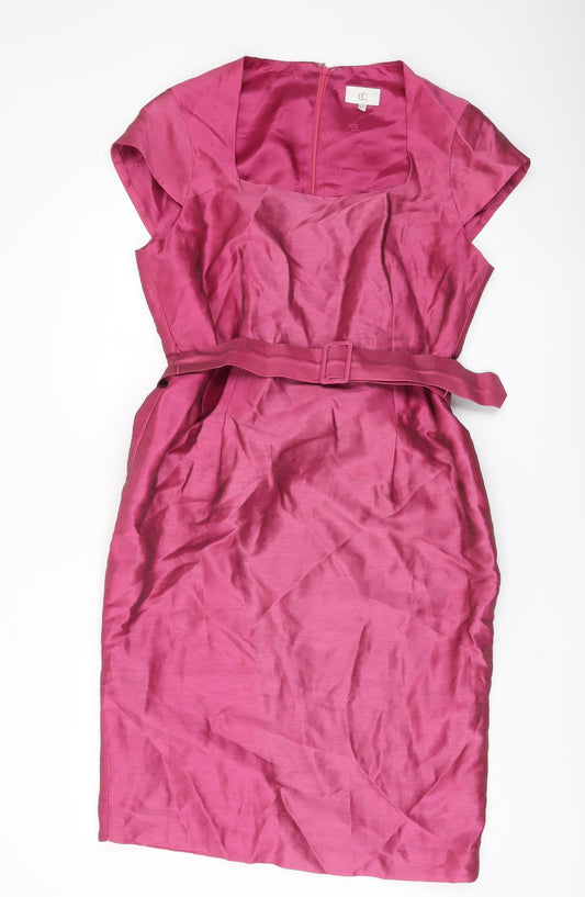 CC Women Pink Linen Sheath Knee Length Dress Size 14 Belted