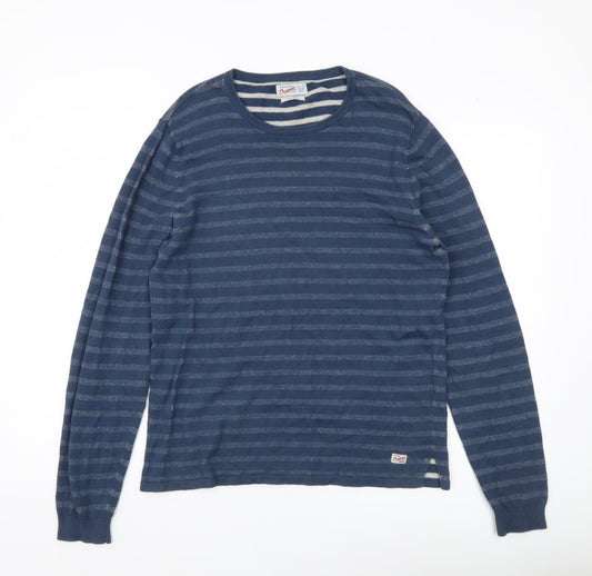 Jack & Jones Mens Blue Striped Cotton Pullover Jumper Size S
