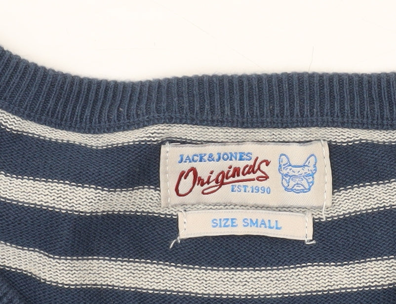 Jack & Jones Mens Blue Striped Cotton Pullover Jumper Size S