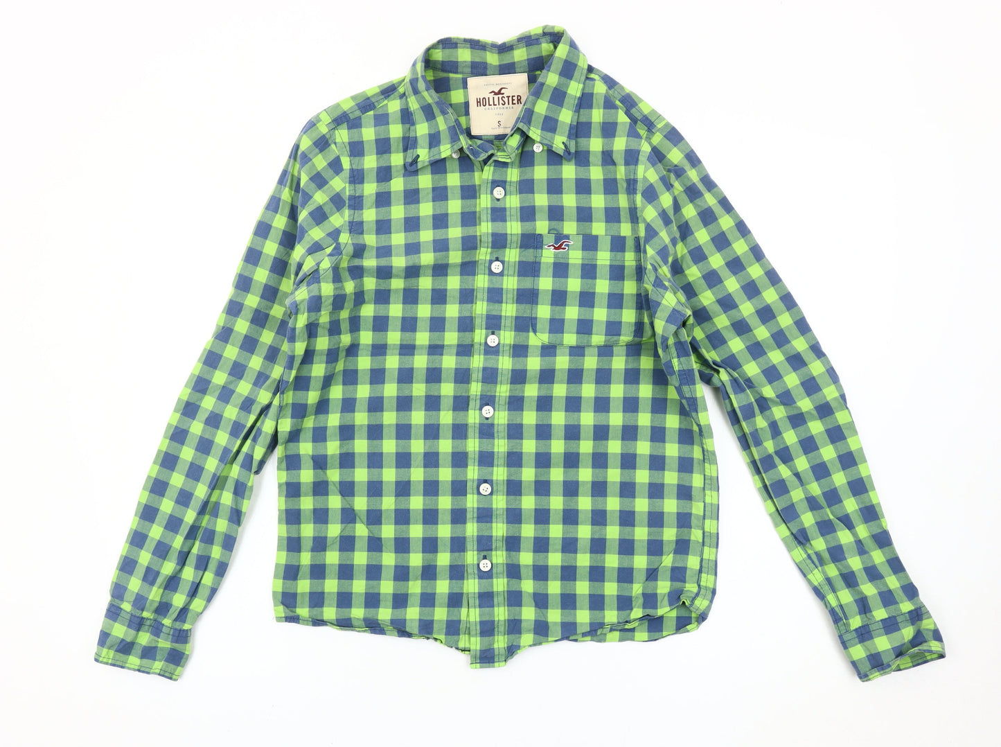Hollister Men's Green Blue Check Slim Fit Button-Up Shirt S
