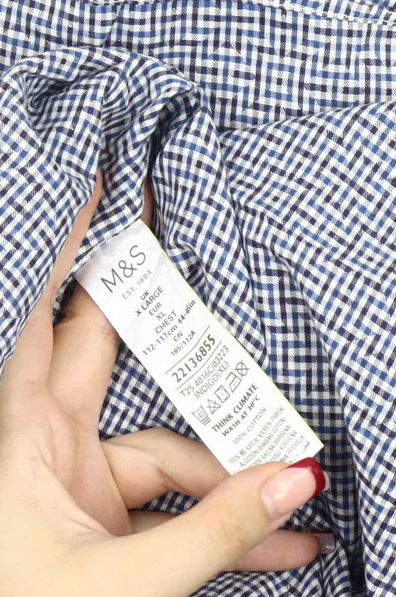 Marks and Spencer Men’s Blue Check Cotton Shirt XL Tailored Fit