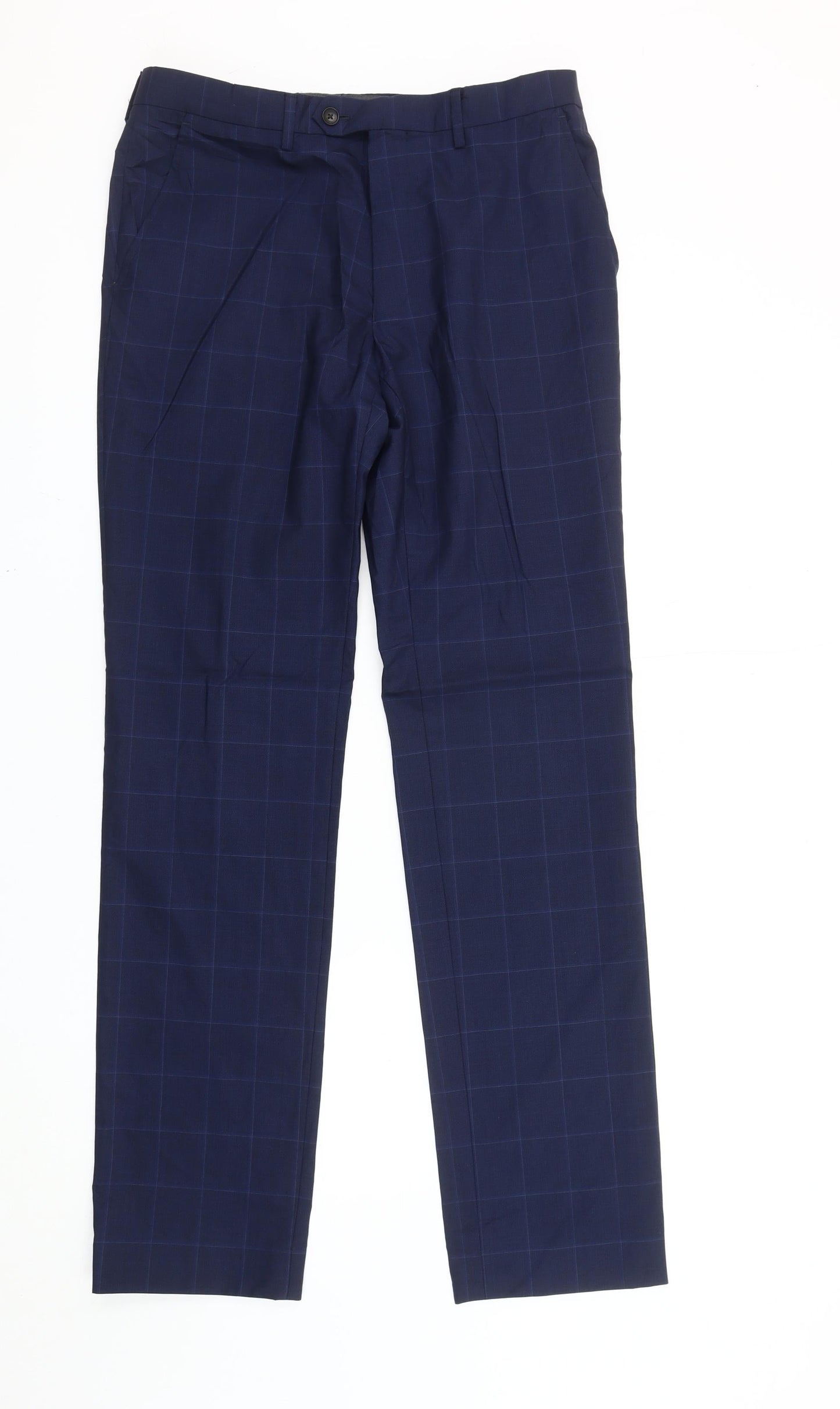 Next Men's Blue Check Wool Dress Trousers 32W 33L Formal Straight