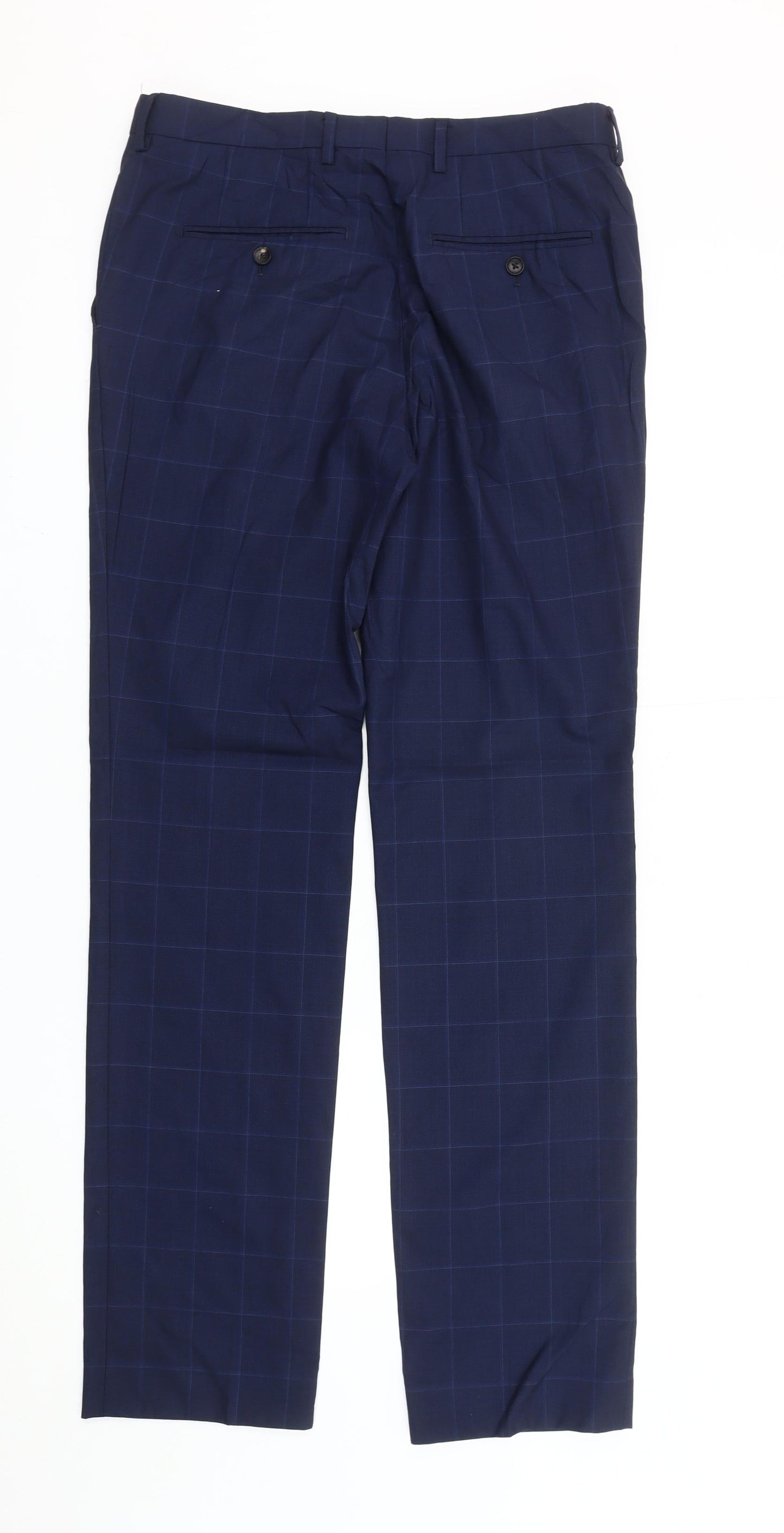 Next Men's Blue Check Wool Dress Trousers 32W 33L Formal Straight