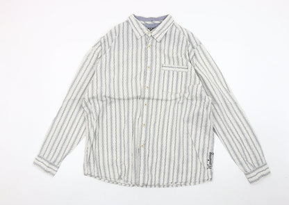 Nianary Men’s White Striped Cotton Button-Up Shirt Size L