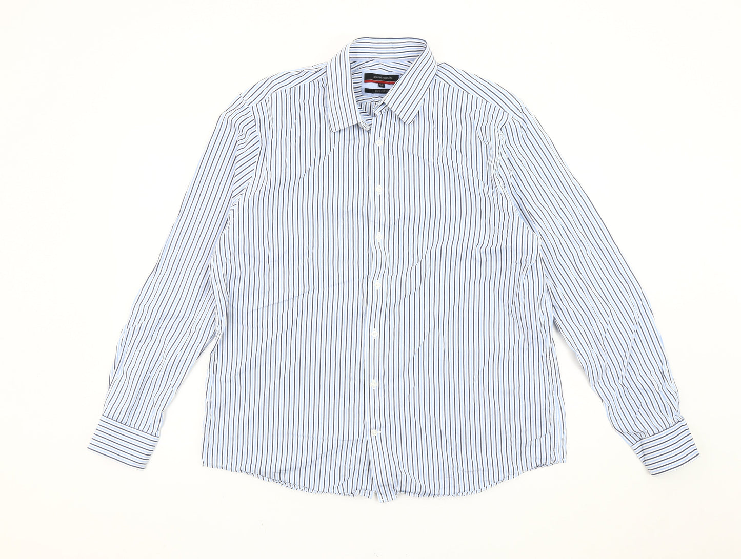 Pierre Cardin Men’s Blue Striped Cotton Long Sleeve 16.5 Button-Up Shirt