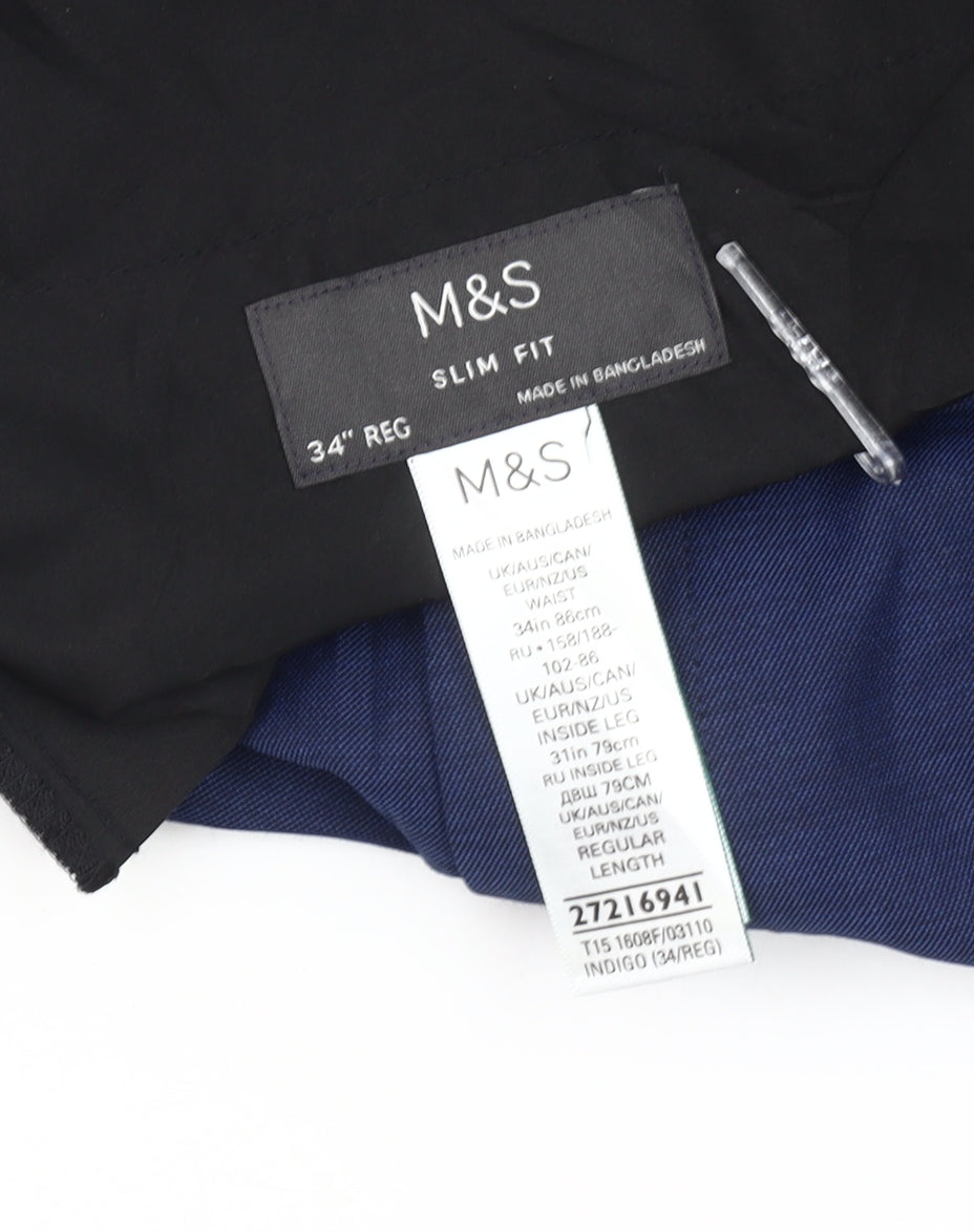 Marks and Spencer Men's Blue Slim Fit Dress Trousers 34W 31L
