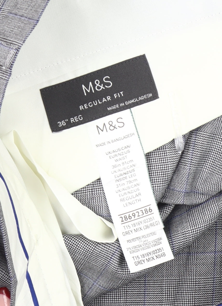 Marks and Spencer Men’s Grey Check Dress Pants Trousers 36W 31L Regular Fit