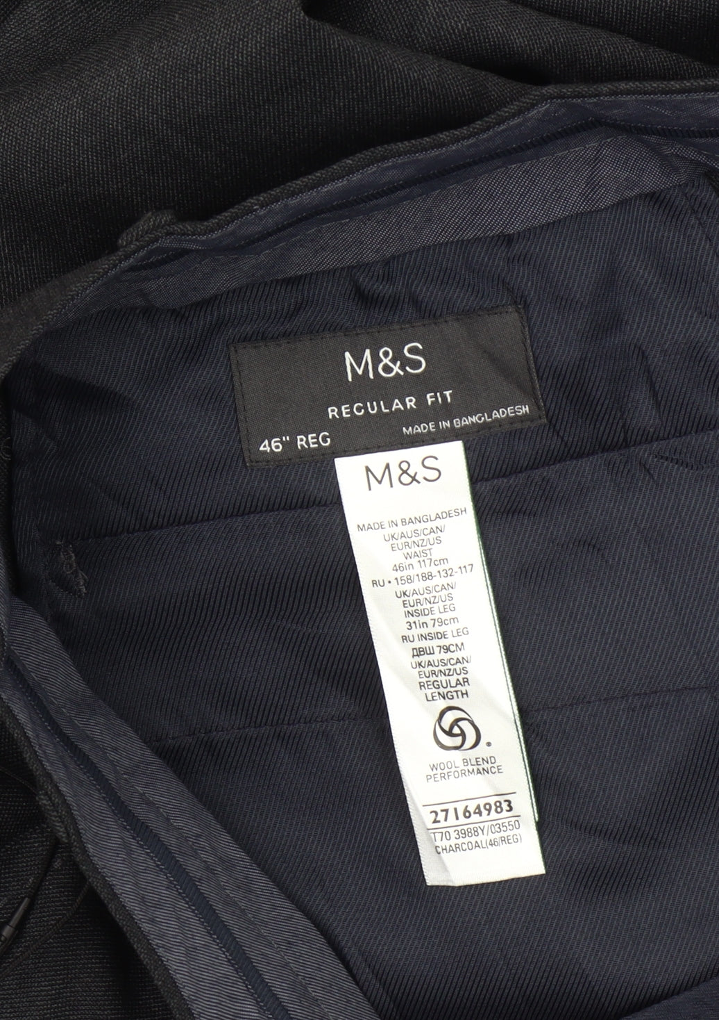Marks and Spencer Mens Black 46in Regular Fit Dress Pants Wool Blend
