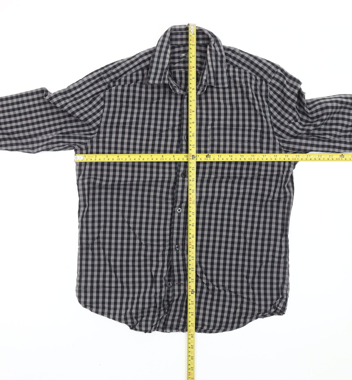 Gap Men’s Black Grey Slim Fit Checked Long Sleeve Button-Up Shirt Size 14-14.5
