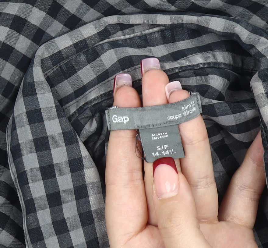 Gap Men’s Black Grey Slim Fit Checked Long Sleeve Button-Up Shirt Size 14-14.5