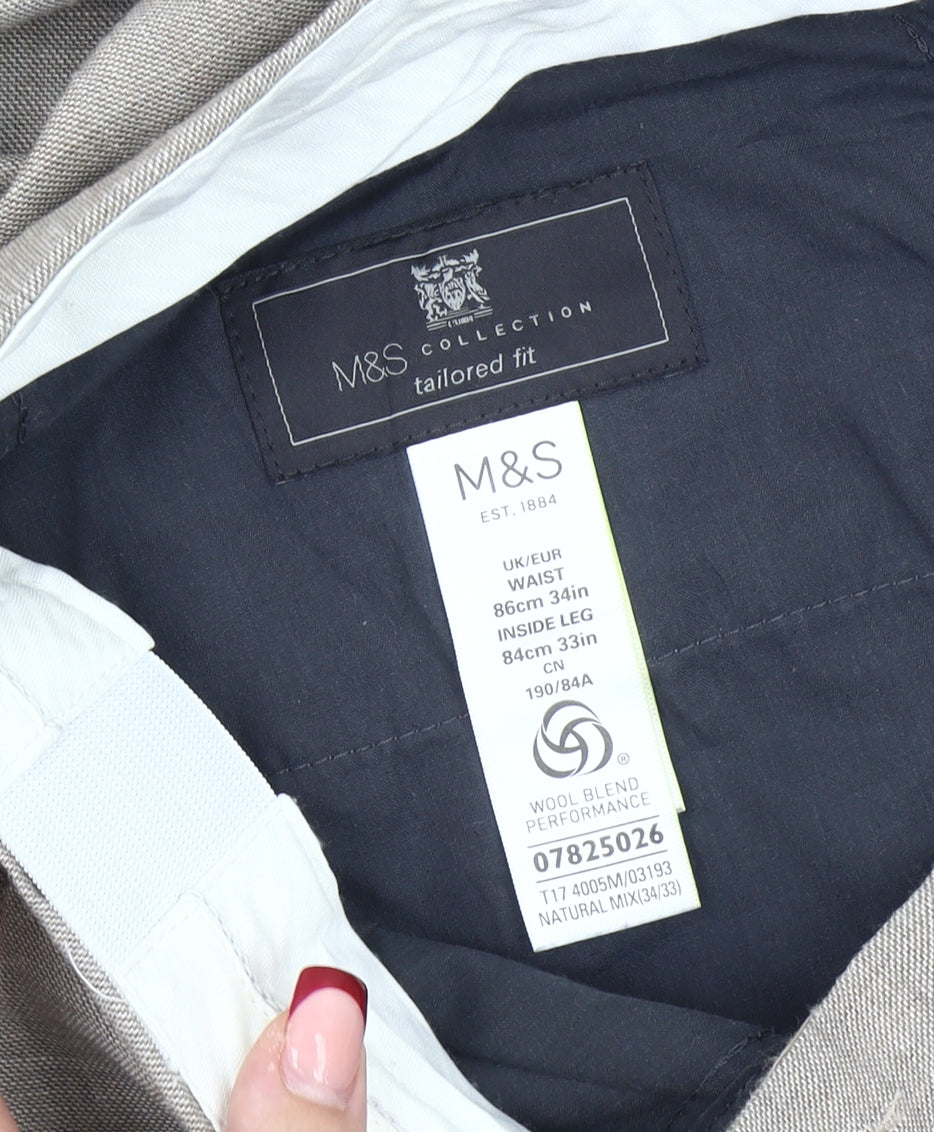 Marks and Spencer Men’s Beige Wool Linen Blend Dress Trousers 34W 33L