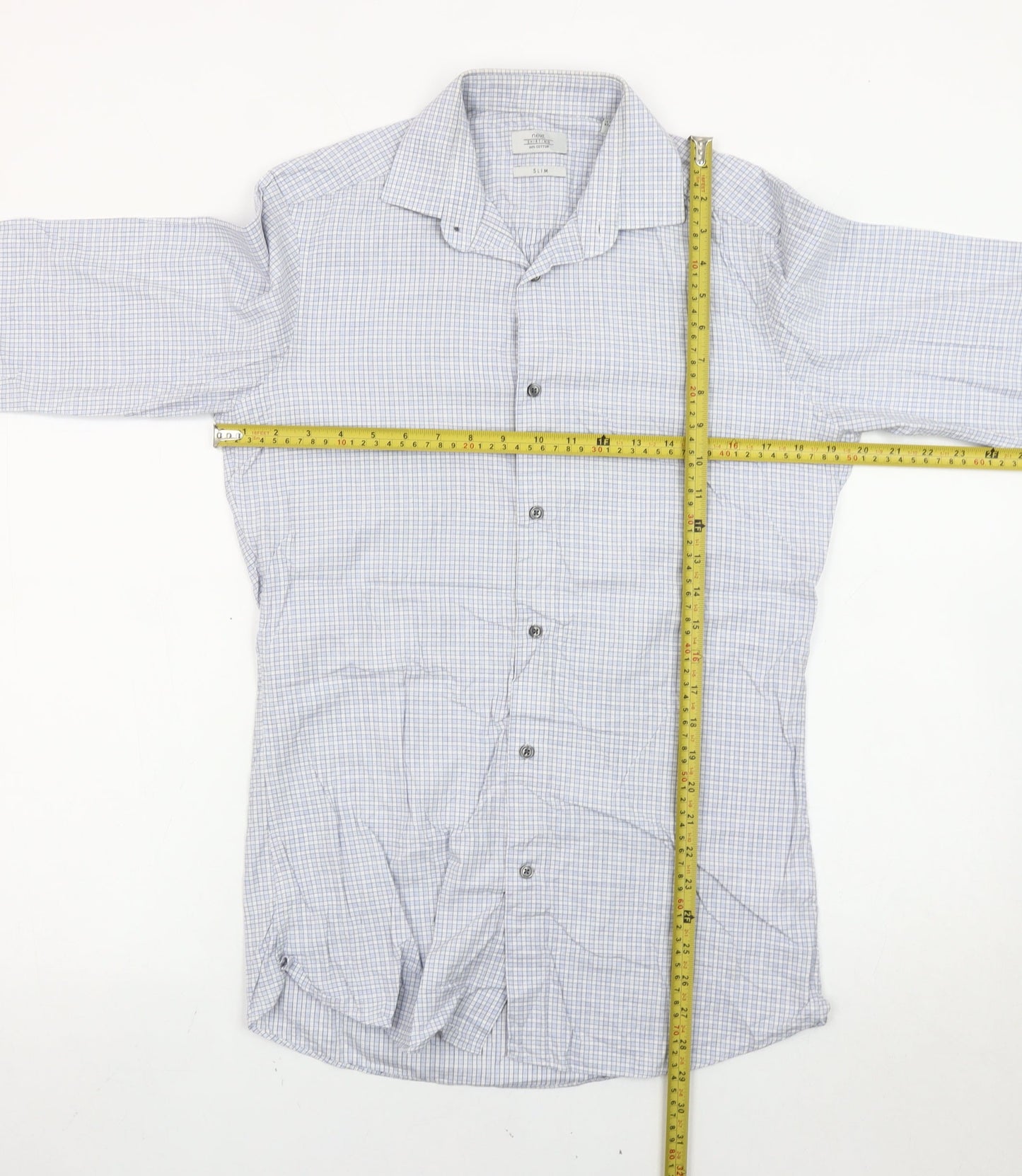 Next Men’s Blue Check Slim Fit Long Sleeve Cotton Shirt 14.5in Collar