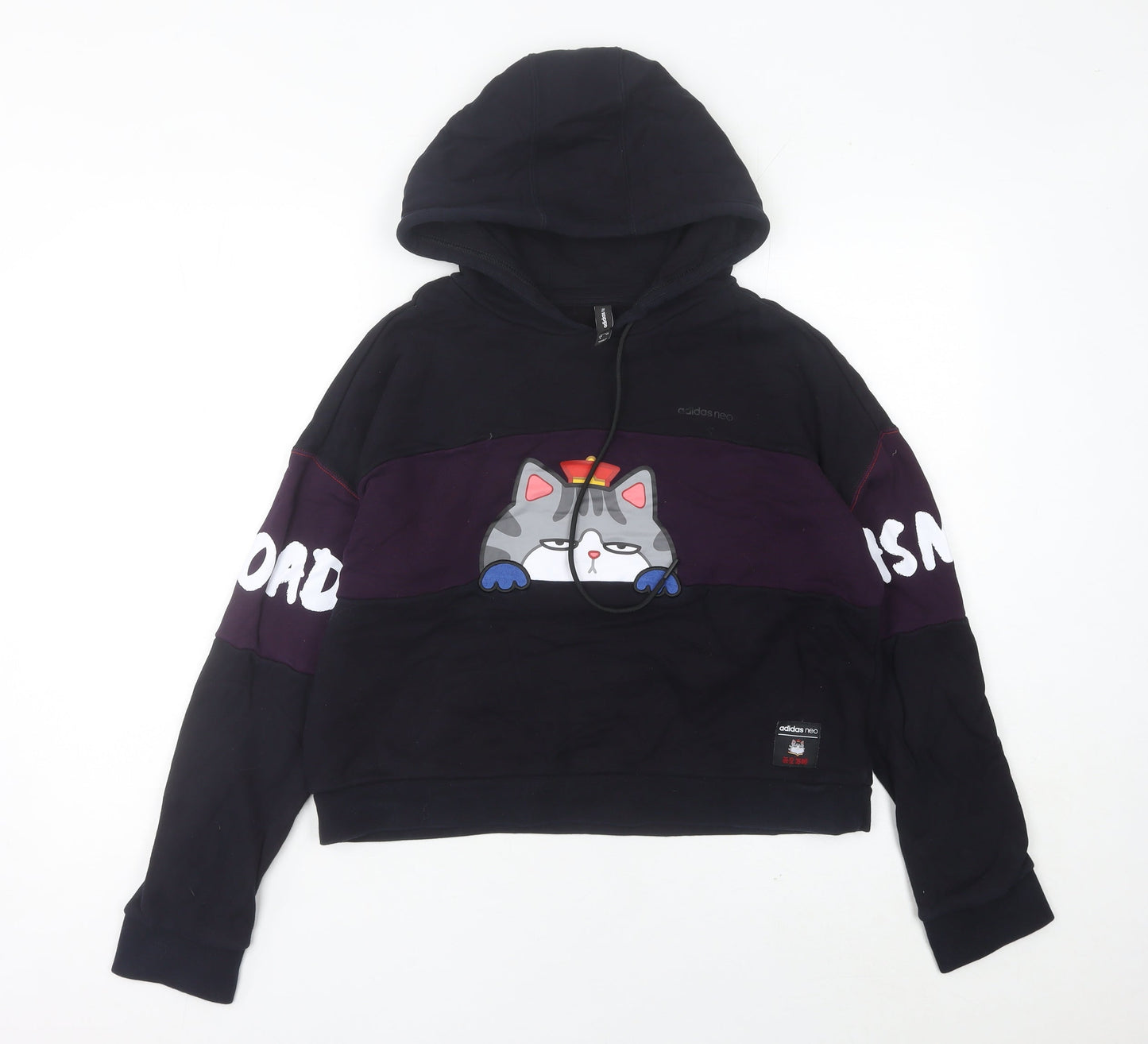 Adidas Womens Black Cat Graphic Pullover Hoodie UK 10