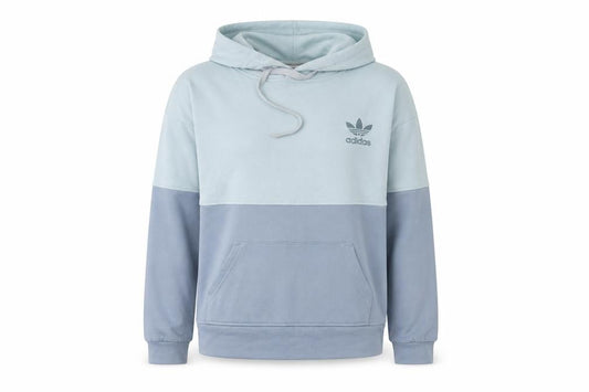 Front view of Adidas women’s blue pullover hoodie sweatshirt, size M, logo design