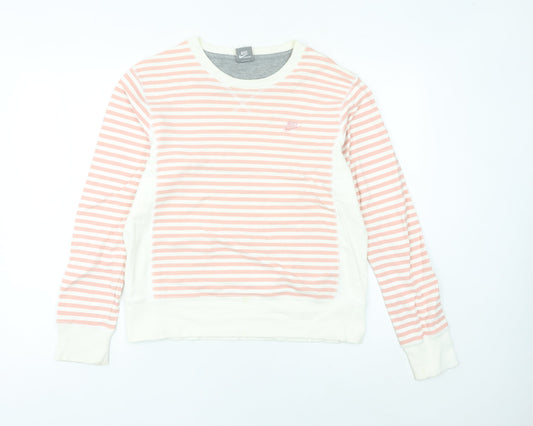 Nike Womens Pink White Striped Sweatshirt UK 12 Cotton Blend