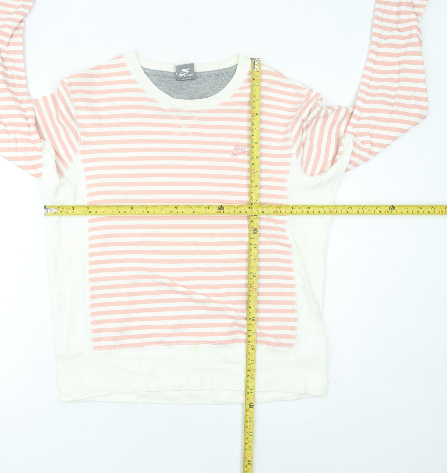 Nike Womens Pink White Striped Sweatshirt UK 12 Cotton Blend