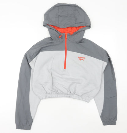 Reebok Women’s Grey Hooded Sweatshirt UK 8 1/2 Zip Logo Pullover