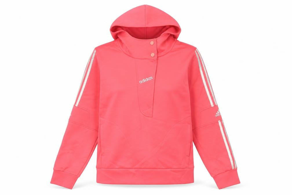 Front view of Adidas women’s pink henley hoodie, size UK 12, with logo detail