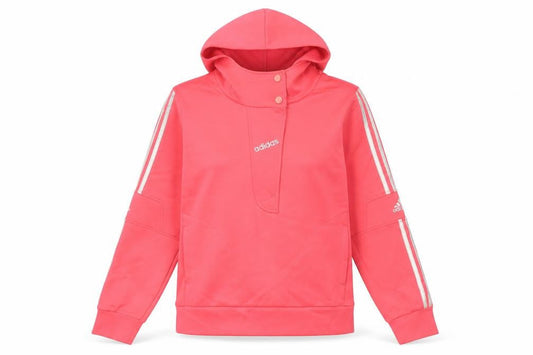 Front view of Adidas women’s pink henley hoodie, size UK 12, with logo detail