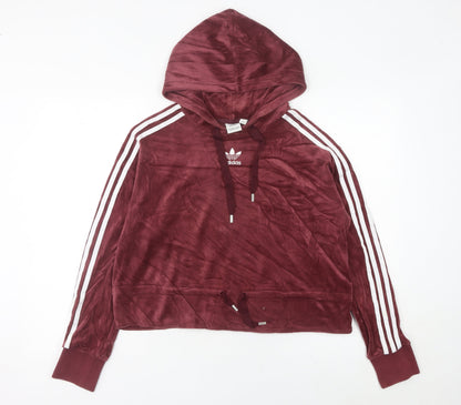 Adidas Women’s Red Velour Pullover Hoodie Size 10 Logo Stripes