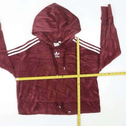 Adidas Women’s Red Velour Pullover Hoodie Size 10 Logo Stripes