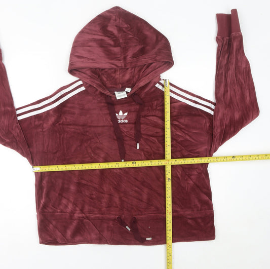 Adidas Women’s Red Velour Pullover Hoodie Size 10 Logo Stripes