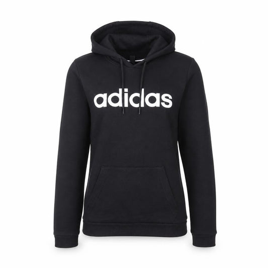 Front view of Adidas women’s black pullover hoodie, size UK 10, logo sports casual