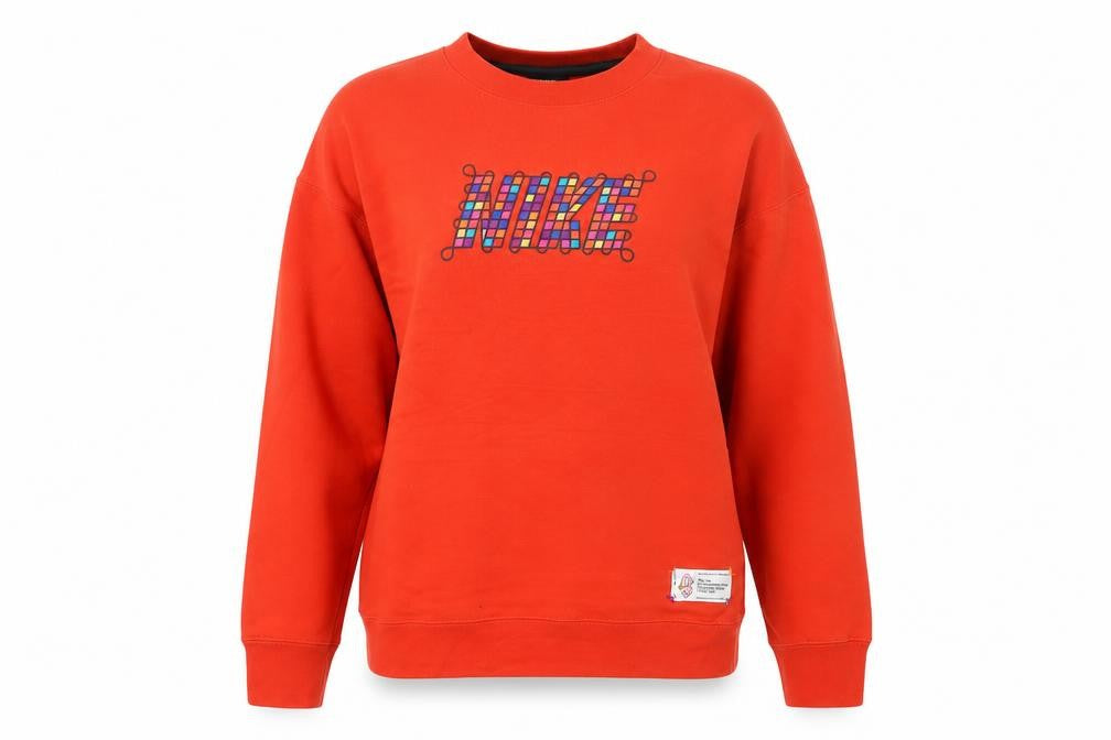 Front view of Nike Teens Red Pullover Sweatshirt, size 6, Logo Crew Neck