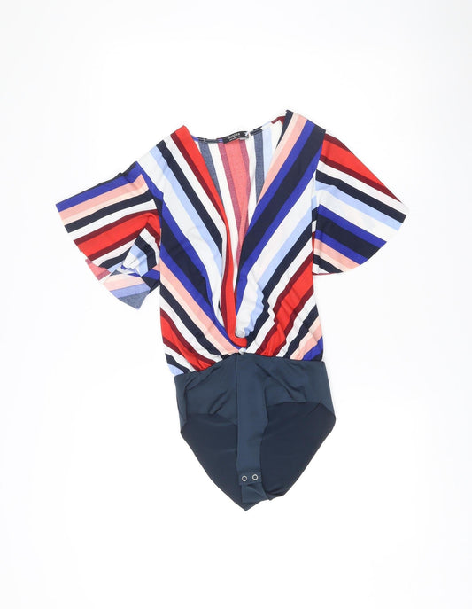 Bershka Women Multicoloured XS Bodysuit Striped Scoop Neck Flutter Sleeve